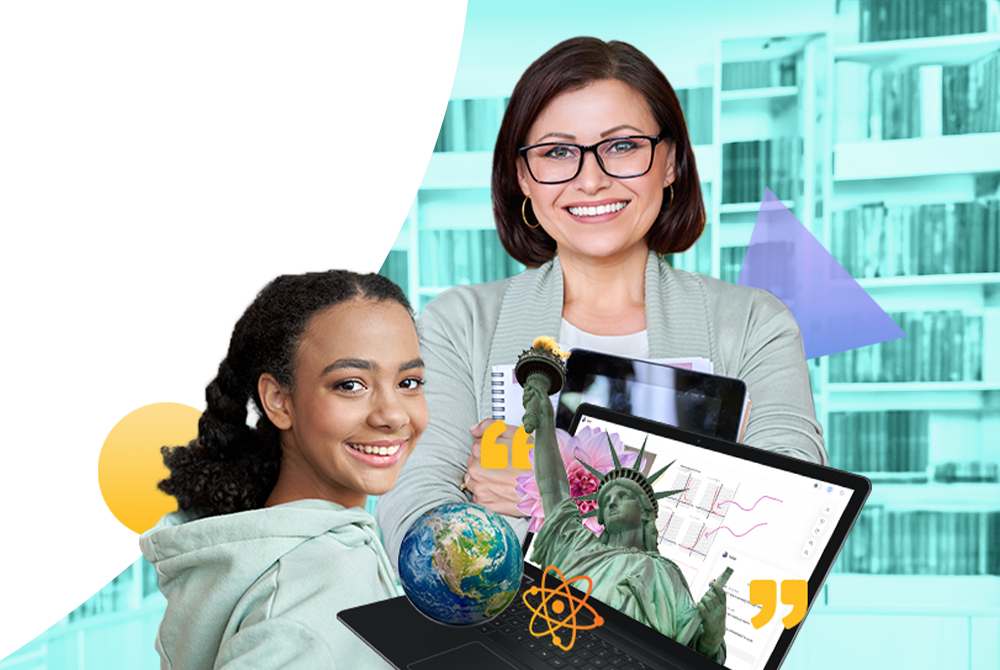 Visual collage of a student and teacher smiling behind a laptop